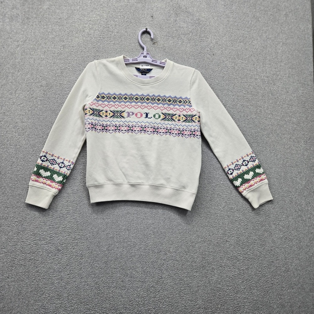 Polo Ralph Lauren Girls Sweatshirt L White Fair Isle Intarsia Cross Stitch Logo